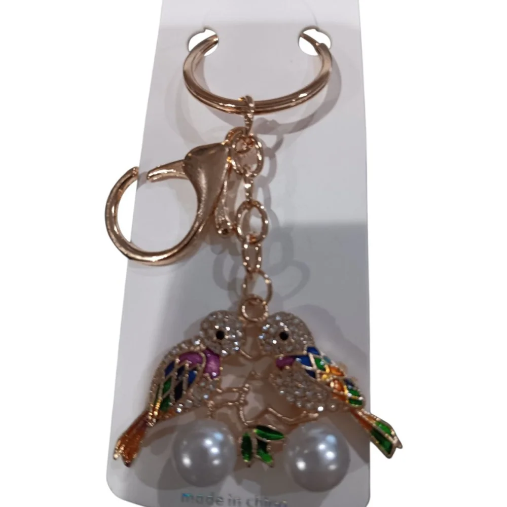 Two Love Birds Sitting in a Tree K-I-S-S-I-N-G! Rhinestone Keychain Purse Charm